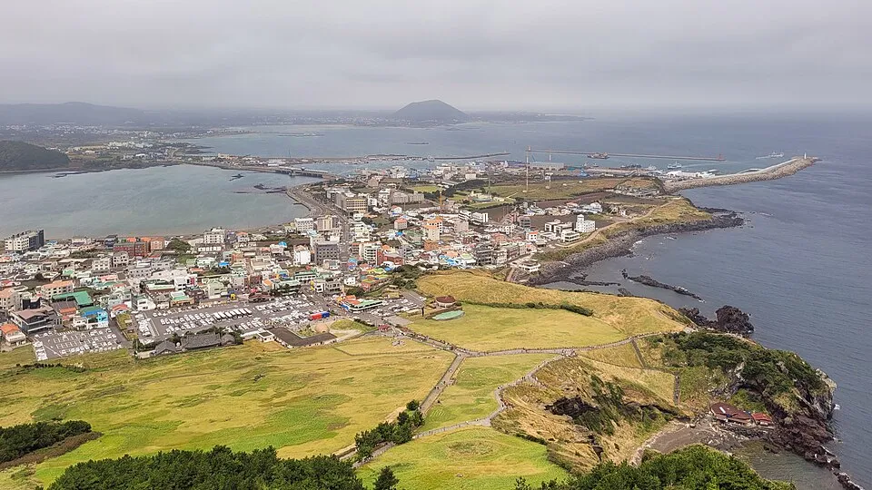 Seongsan and the coast seen from Seongsan Ilchulbong on Jeju